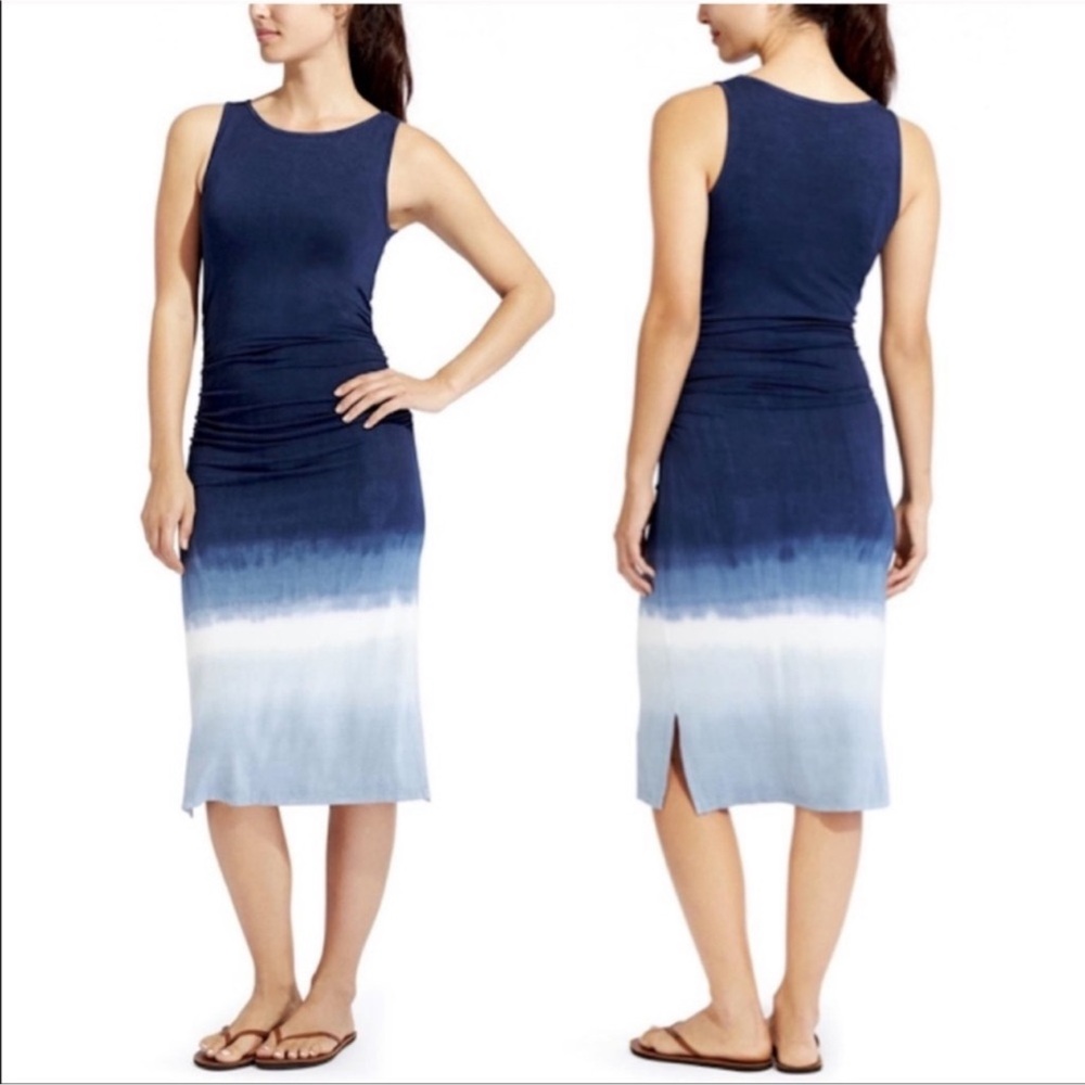 NWT Athleta navy/light blue/white Tie Dye Tank ruched midi dress, M